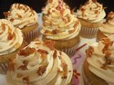 Blush Wine Vanilla Cupcakes with Maple Frosting and Bacon Sprinkles